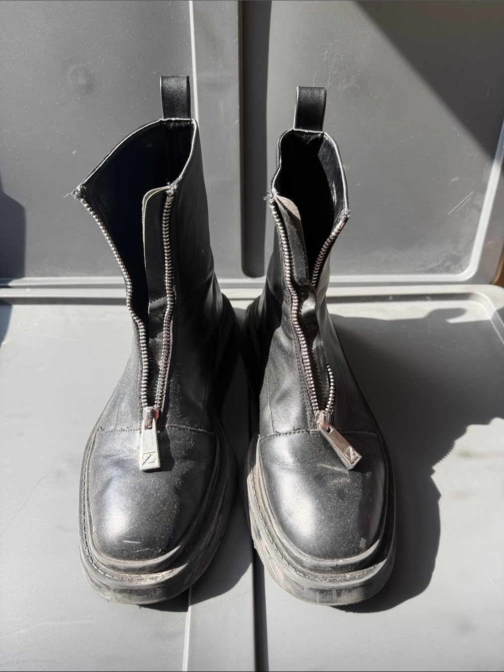 Zara Black Front-Center Zip Chunky Leather Ankle Boots